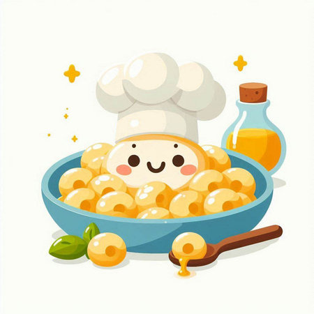 Illustration of Cute Cartoon Pasta with chef hat and sauceのイラスト素材