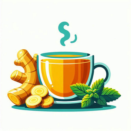 Cup of tea with ginger and mint leaves. Vector illustration.のイラスト素材
