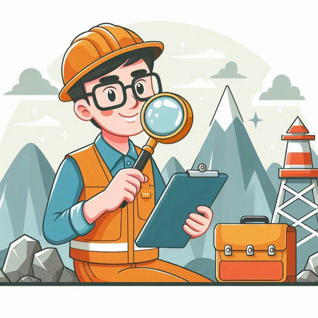 Cartoon construction worker holding magnifying glass and tablet. Vector illustrationのイラスト素材