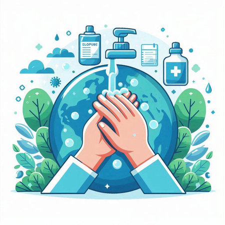 Vector illustration of hands washing hands with soap and sanitizer.のイラスト素材