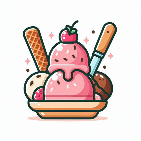 Strawberry ice cream with wafer rolls, ice cream scoops and spoon. Vector illustration.のイラスト素材