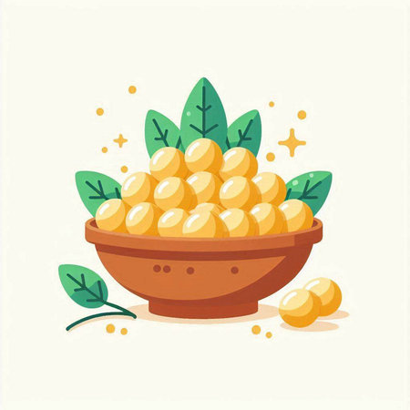 Vector illustration of a bowl of yellow sweet potato with green leaves.のイラスト素材