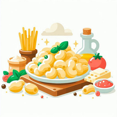Illustration of macaroni, pasta, cheese, tomato, olive oil, basil, sour creamのイラスト素材