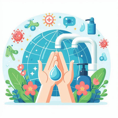 Coronavirus prevention concept. Washing hands with soap and sanitizer. Vector illustrationのイラスト素材