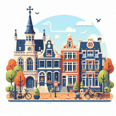 Amsterdam, Netherlands. Traditional Dutch houses and streets. Vector illustrationのイラスト素材