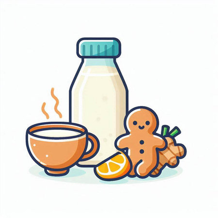 Vector illustration of a bottle of milk, gingerbread man and cup of tea.のイラスト素材