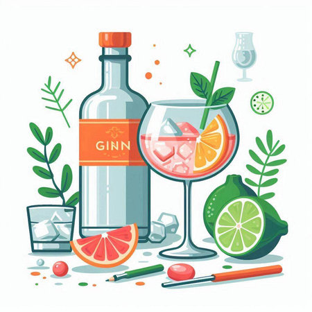 Cocktail gin and tonic with lime and ice. Vector illustrationのイラスト素材