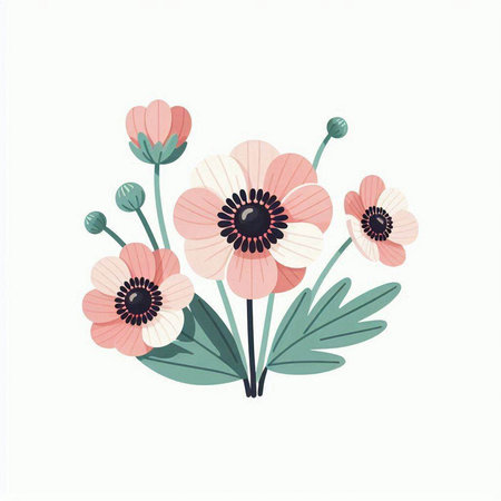 Hand drawn vector illustration of anemone flowers isolated on white backgroundのイラスト素材