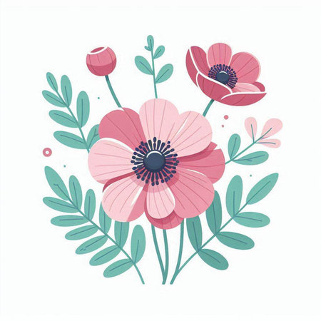 Floral card with pink anemone flowers. Vector illustration.のイラスト素材