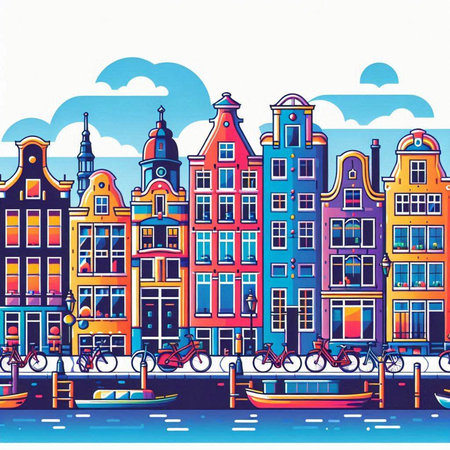 Amsterdam, Netherlands. Colorful cityscape. Vector illustration.のイラスト素材