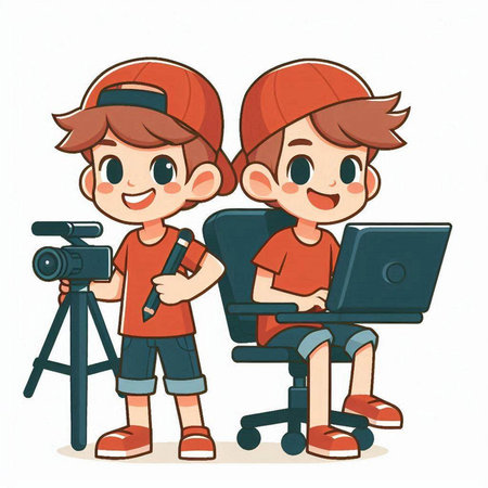 Photographer and boy with laptop. Vector illustration on white background.のイラスト素材