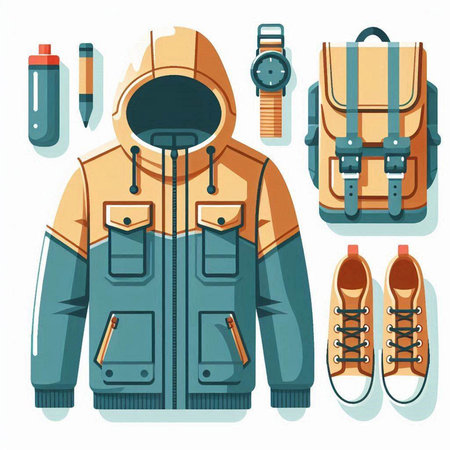Vector illustration of a men's winter jacket with a hood, a backpack, a pair of shoes and a watch.のイラスト素材