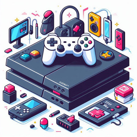 Game console isometric composition with joystick and gamepad isolated vector illustrationのイラスト素材