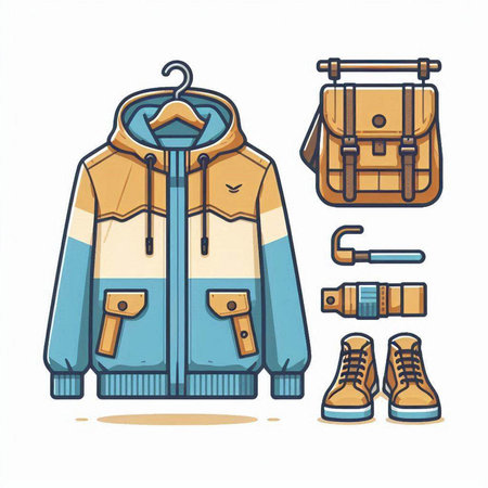 Outfit of traveler. Isolated on white background. Vector illustration.のイラスト素材