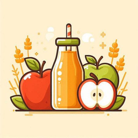 Apple juice in a glass bottle and fresh apples. Vector illustration.のイラスト素材