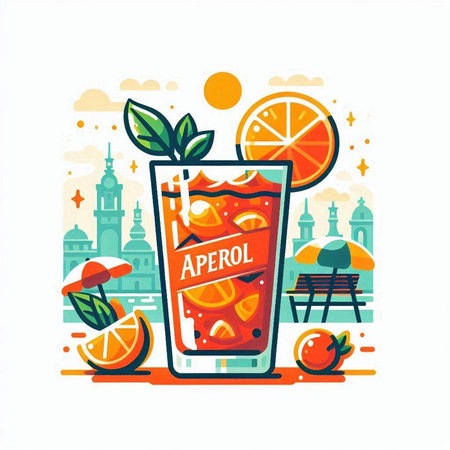 Alcoholic cocktail with orange and ice in a glass. Vector illustration.のイラスト素材