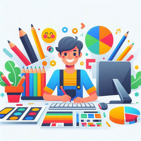 Creative young man working at office desk. Flat design vector illustration.のイラスト素材