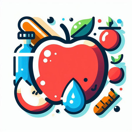 Vector illustration of red apple with drops of water and test tubes.のイラスト素材