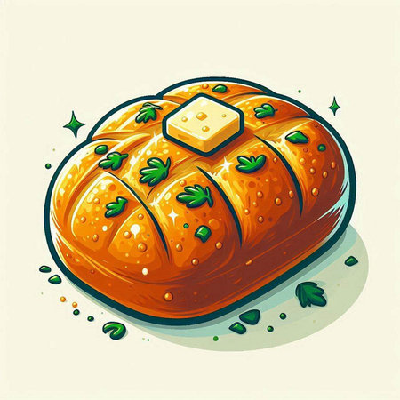 Illustration of a fresh baked loaf of bread with butter and green leavesのイラスト素材