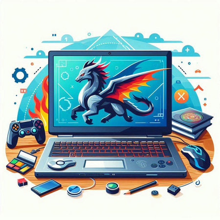 Laptop computer with a dragon on the screen. Vector illustration.のイラスト素材
