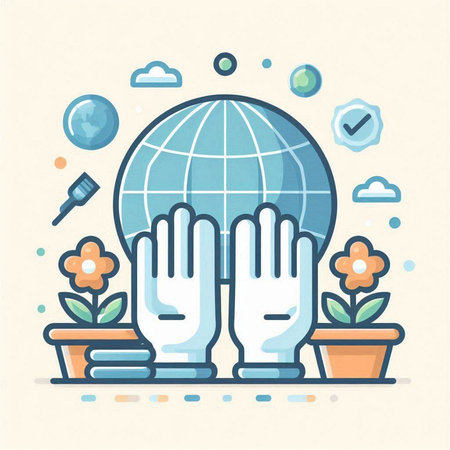 Vector illustration in flat linear style - environment protection concept - globe with glovesのイラスト素材