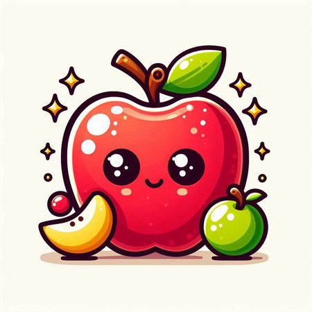 Cute kawaii red apple fruit character, vector illustration.のイラスト素材