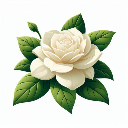 Beautiful white flower with green leaves on a white background. Vector illustration.のイラスト素材