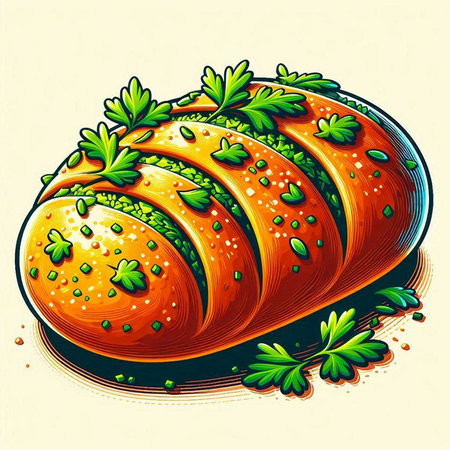 Illustration of a piece of bread with parsley on a white backgroundのイラスト素材