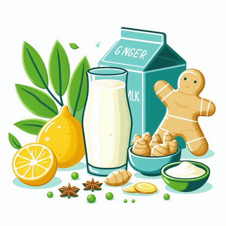 Vector illustration of a glass of milk, ginger, lemon, honey, cream, ginger, ginger rootのイラスト素材