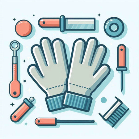 Pair of protective gloves and tools. Vector illustration in flat linear style.のイラスト素材