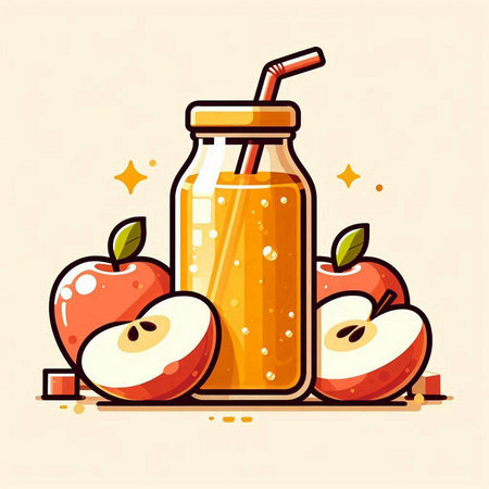 Juice in a glass jar and fresh apples. Vector illustration.のイラスト素材