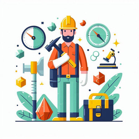 Engineer man with tools and instruments. Vector illustration in flat styleのイラスト素材