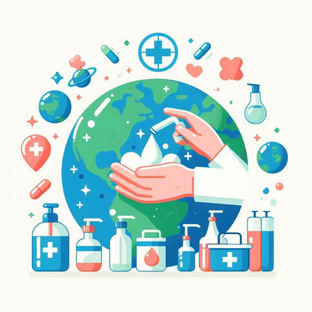 Hand sanitizer in the hands of the doctor. Vector illustrationのイラスト素材