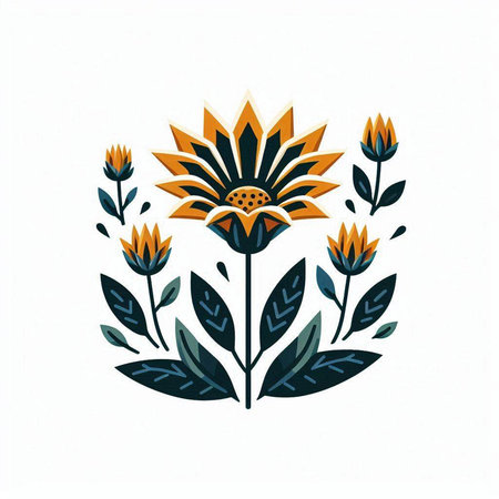 Beautiful sunflower flower with leaves. Hand drawn vector illustration.のイラスト素材
