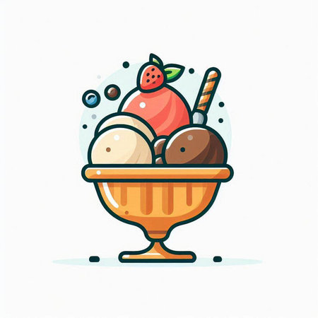 Ice cream scoops in bowl. Vector illustration in line art style.のイラスト素材