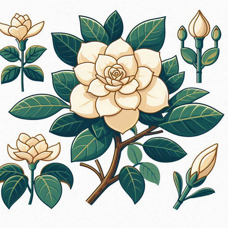Camellia flower with leaves and buds. Vector illustration.のイラスト素材