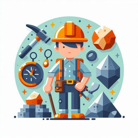 Vector illustration of a miner with a pickaxe. Flat style.のイラスト素材