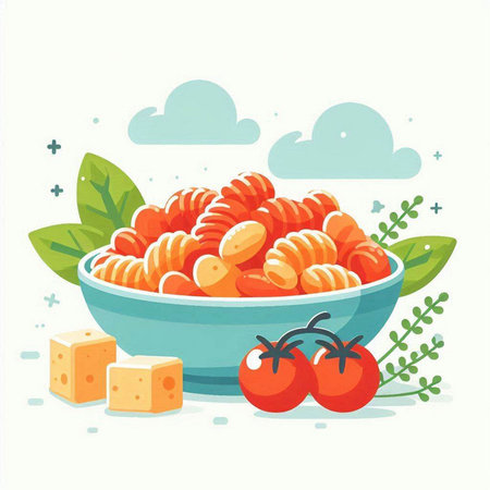 Vector illustration of a bowl of pasta with tomatoes, cheese and herbsのイラスト素材