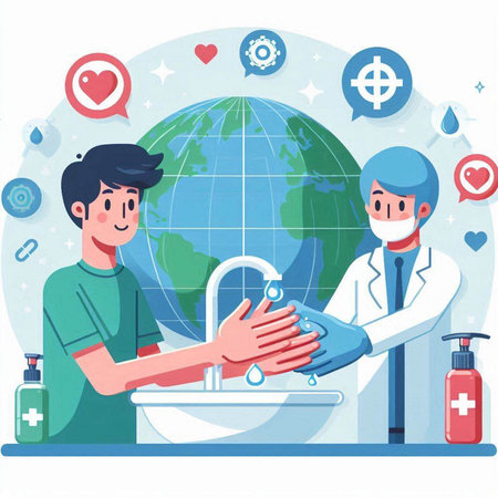 Vector illustration of a man in a medical mask washing hands with antibacterial soapのイラスト素材