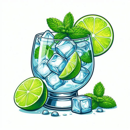 Cocktail with lime, mint and ice cubes. Vector illustration.のイラスト素材