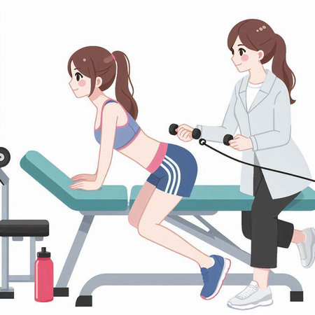Illustration of a female physiotherapist doing an exercise with a patientのイラスト素材