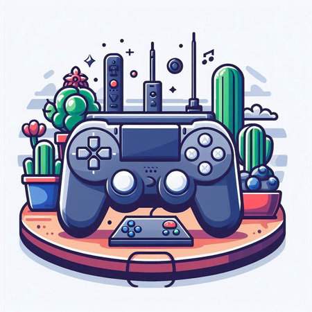 Gamepad in a room with cacti. Vector illustration.のイラスト素材