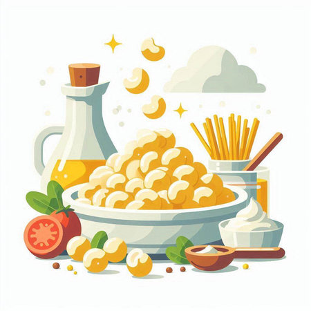 Illustration of italian pasta in a bowl with ingredients for cookingのイラスト素材