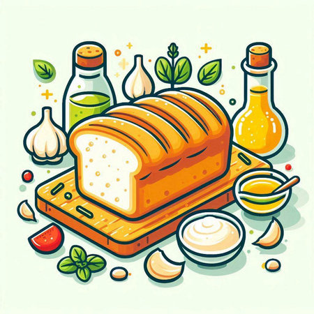 Illustration of bread and ingredients on light background. Vector illustration.のイラスト素材