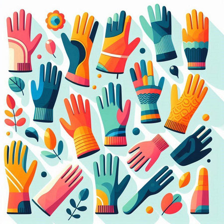 Vector illustration of a set of gloves with different patterns and colors.のイラスト素材