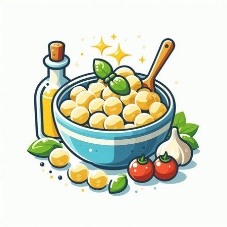 Vector illustration of a bowl of chickpeas and ingredients for cooking.のイラスト素材