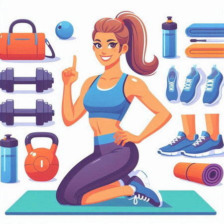 Sporty woman in sportswear sitting on mat with dumbbells and doing fitness exercises. Vector illustration in cartoon styleのイラスト素材