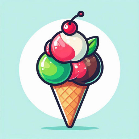 Ice cream cone with cherry on a blue background. Vector illustration.のイラスト素材