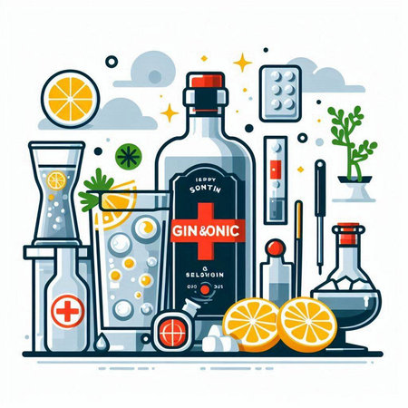 Alcoholic beverages. Bottle of gin, rum, liqueur, vodka, brandy, gin, lemonade. Flat style vector illustration.のイラスト素材