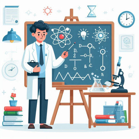 Scientist in white coat standing near blackboard with science formula, microscope, test tubes and books. Vector illustrationのイラスト素材